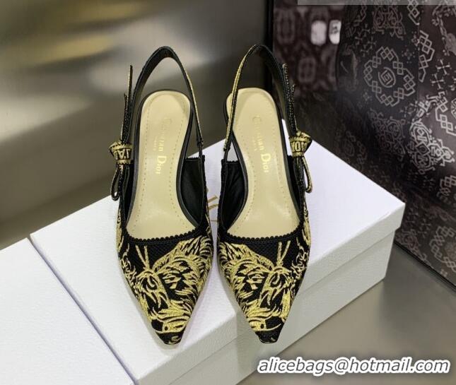 Good Quality Dior J'Adior Slingback Pumps 6.5cm in Embroidered Cotton Black/Gold 0207125