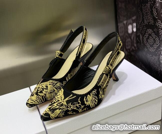 Good Quality Dior J'Adior Slingback Pumps 6.5cm in Embroidered Cotton Black/Gold 0207125