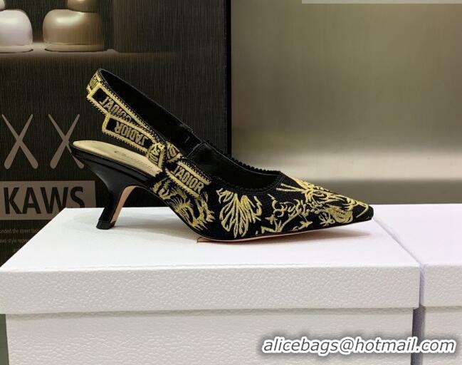 Good Quality Dior J'Adior Slingback Pumps 6.5cm in Embroidered Cotton Black/Gold 0207125