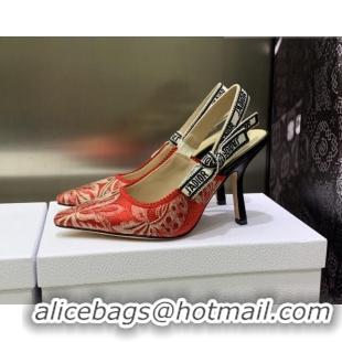 Popular Style Dior J'Adior Slingback Pumps 9.5cm in Cherry Red Brocart Embroidered Cotton 020801