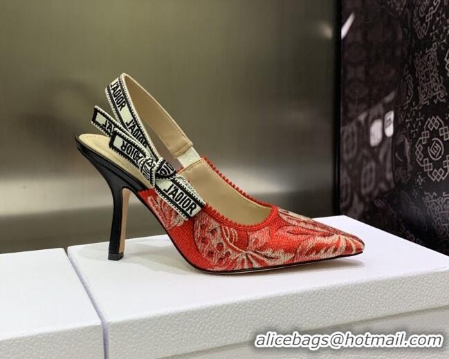 Popular Style Dior J'Adior Slingback Pumps 9.5cm in Cherry Red Brocart Embroidered Cotton 020801