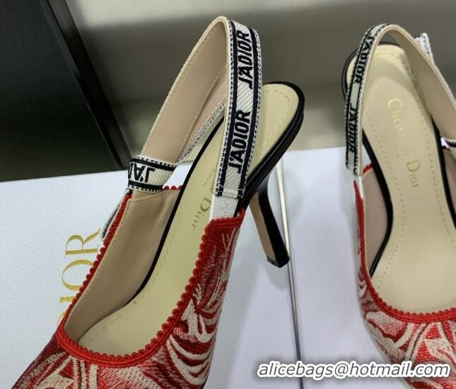 Popular Style Dior J'Adior Slingback Pumps 9.5cm in Cherry Red Brocart Embroidered Cotton 020801