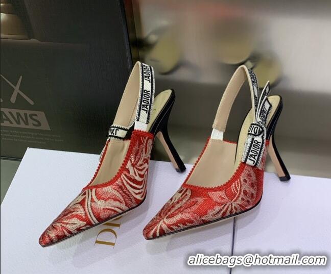 Popular Style Dior J'Adior Slingback Pumps 9.5cm in Cherry Red Brocart Embroidered Cotton 020801