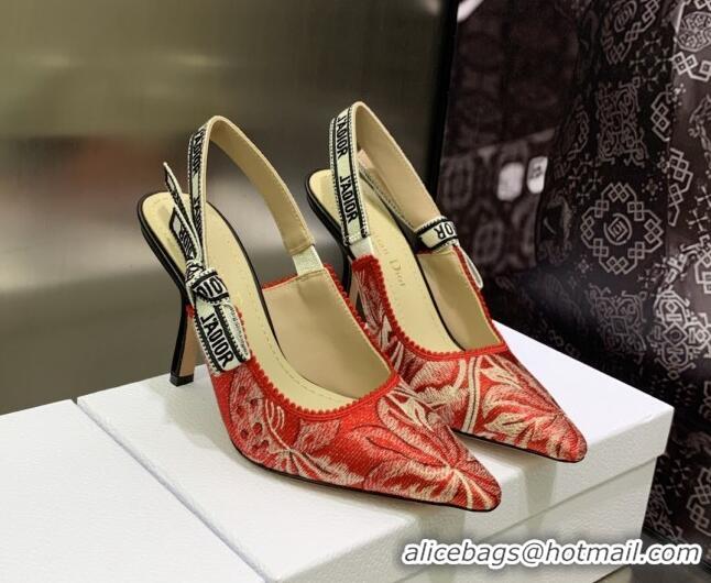 Popular Style Dior J'Adior Slingback Pumps 9.5cm in Cherry Red Brocart Embroidered Cotton 020801