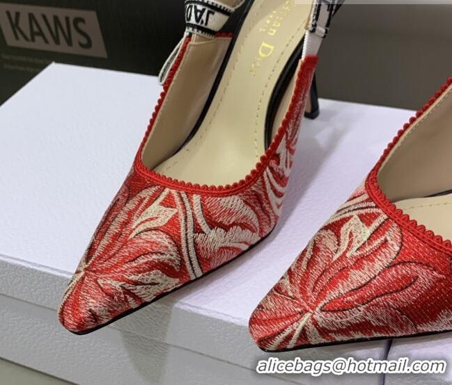 Popular Style Dior J'Adior Slingback Pumps 9.5cm in Cherry Red Brocart Embroidered Cotton 020801