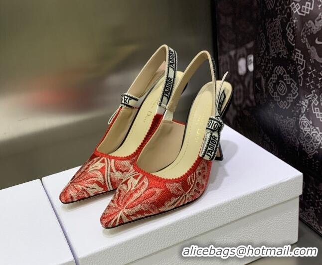 Popular Style Dior J'Adior Slingback Pumps 9.5cm in Cherry Red Brocart Embroidered Cotton 020801