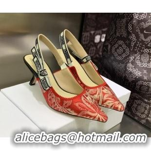 Good Product Dior J'Adior Slingback Pumps 6.5cm in Cherry Red Brocart Embroidered Cotton 020802