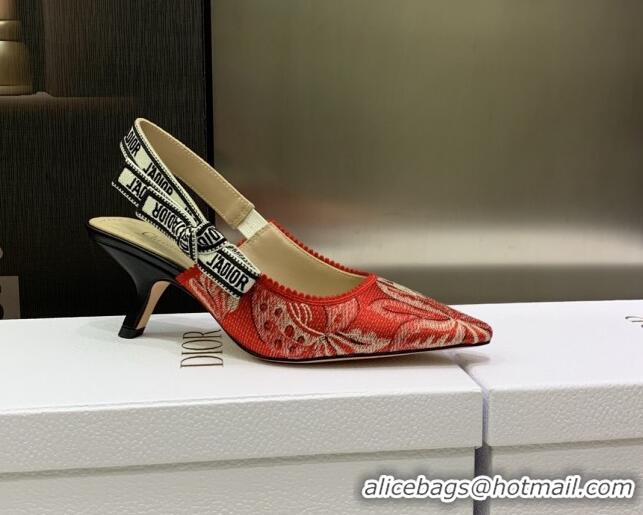 Good Product Dior J'Adior Slingback Pumps 6.5cm in Cherry Red Brocart Embroidered Cotton 020802