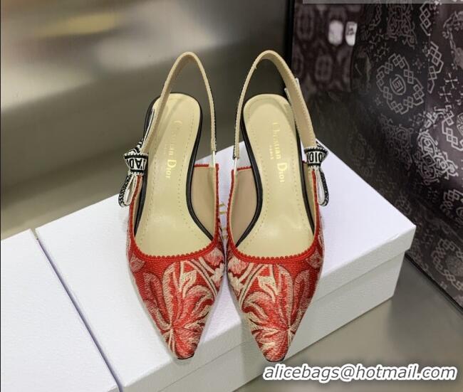 Good Product Dior J'Adior Slingback Pumps 6.5cm in Cherry Red Brocart Embroidered Cotton 020802