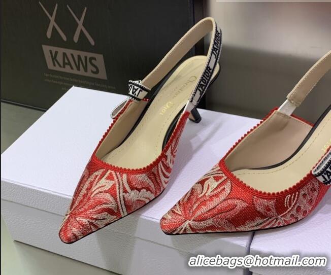 Good Product Dior J'Adior Slingback Pumps 6.5cm in Cherry Red Brocart Embroidered Cotton 020802