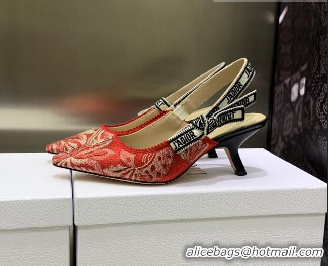 Good Product Dior J'Adior Slingback Pumps 6.5cm in Cherry Red Brocart Embroidered Cotton 020802