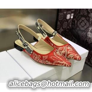 Stylish Dior J'Adior Slingback Ballerina Flat in Cherry Red Brocart Embroidered Cotton 020803