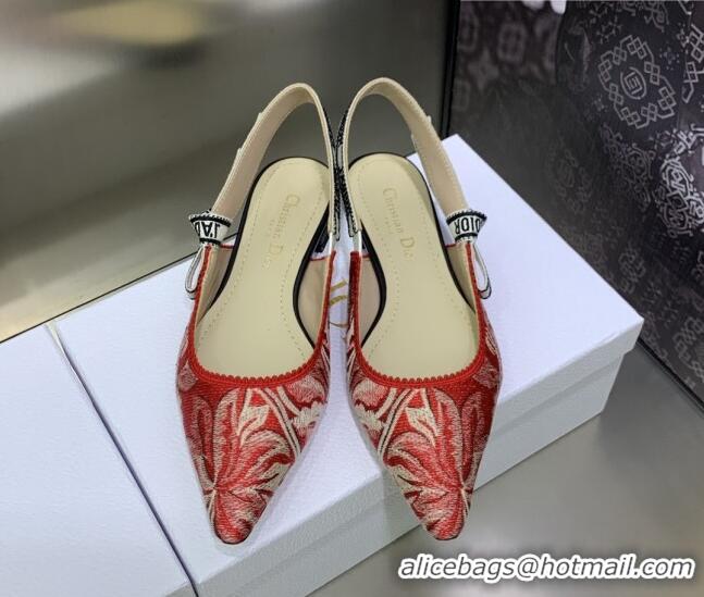 Stylish Dior J'Adior Slingback Ballerina Flat in Cherry Red Brocart Embroidered Cotton 020803