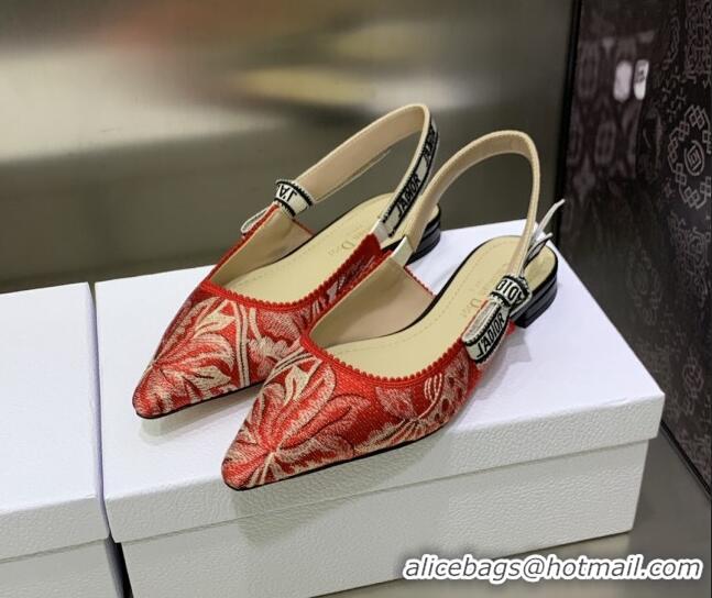 Stylish Dior J'Adior Slingback Ballerina Flat in Cherry Red Brocart Embroidered Cotton 020803