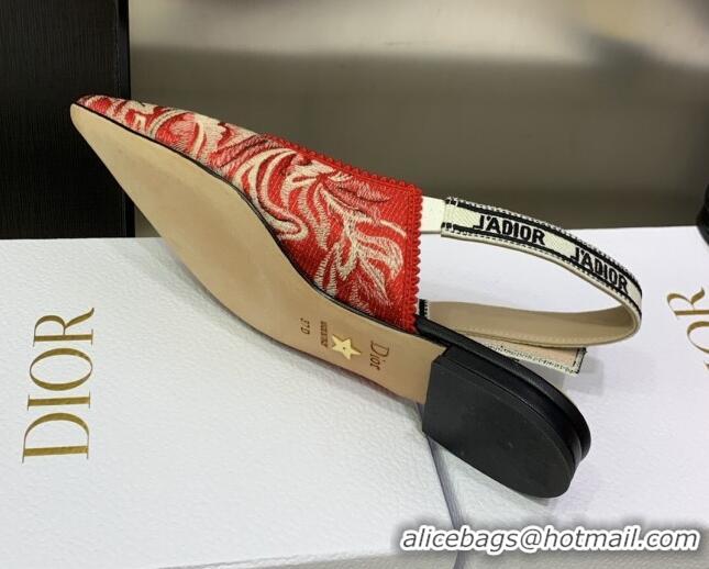 Stylish Dior J'Adior Slingback Ballerina Flat in Cherry Red Brocart Embroidered Cotton 020803