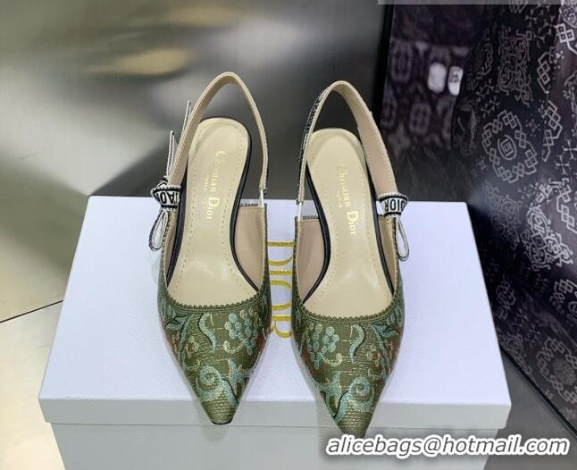 Perfect Dior J'Adior Slingback Pumps 9.5cm in Green Brocart Embroidered Cotton 020804