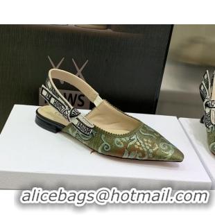 Sumptuous Dior J'Adior Slingback Ballerina Flat in Green Brocart Embroidered Cotton 020806