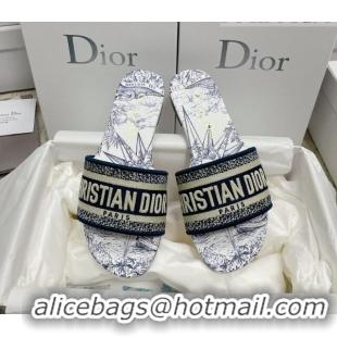 Top Design Dior Dway Flat Slides in Blue Multicolor Cotton with Reve d'Infini Embroidery 3022301