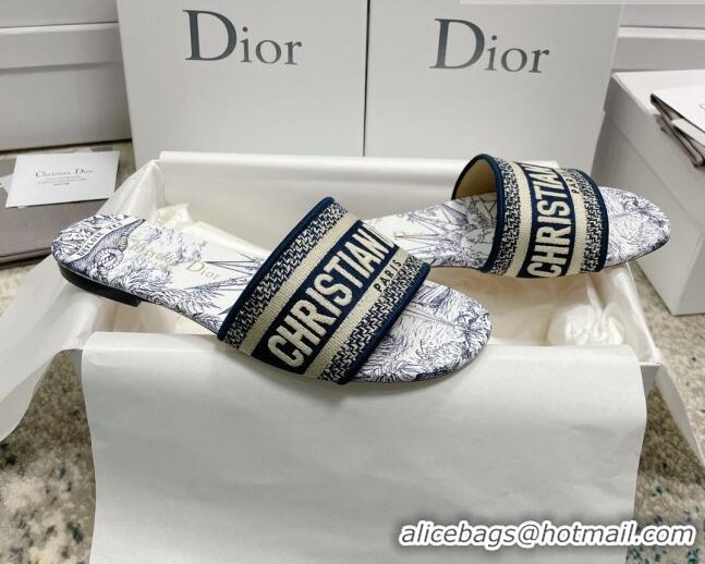 Top Design Dior Dway Flat Slides in Blue Multicolor Cotton with Reve d'Infini Embroidery 3022301