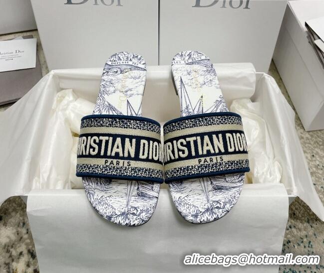 Top Design Dior Dway Flat Slides in Blue Multicolor Cotton with Reve d'Infini Embroidery 3022301