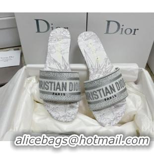 Sophisticated Dior Dway Flat Slides in White and Grey Cotton with Reve d'Infini Embroidery 022302