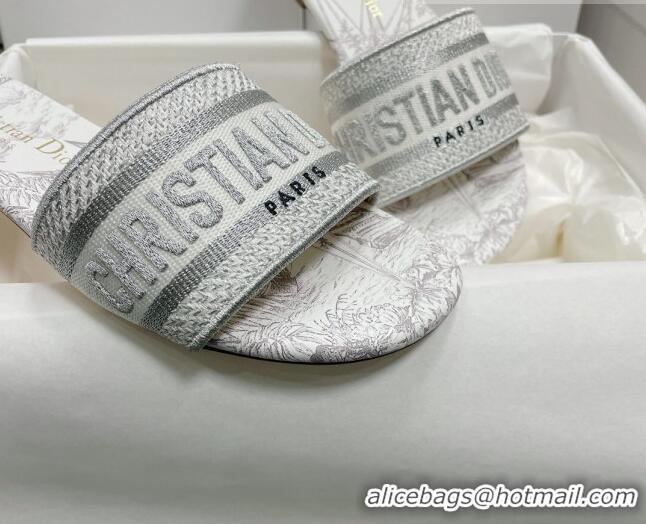 Sophisticated Dior Dway Flat Slides in White and Grey Cotton with Reve d'Infini Embroidery 022302