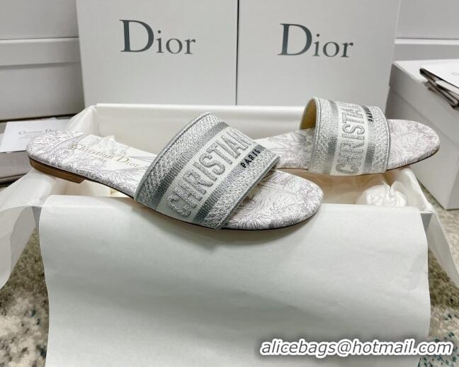 Sophisticated Dior Dway Flat Slides in White and Grey Cotton with Reve d'Infini Embroidery 022302