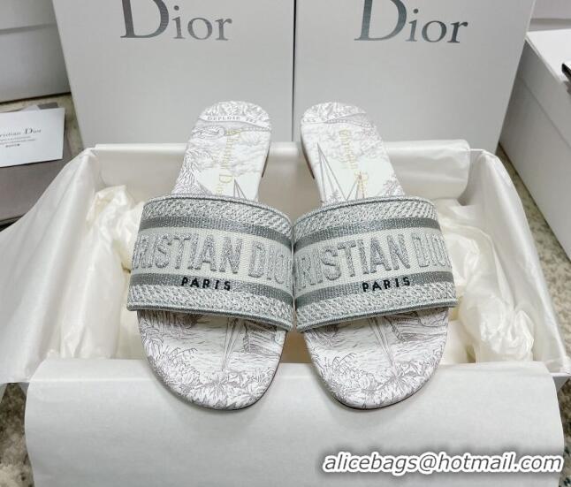 Sophisticated Dior Dway Flat Slides in White and Grey Cotton with Reve d'Infini Embroidery 022302