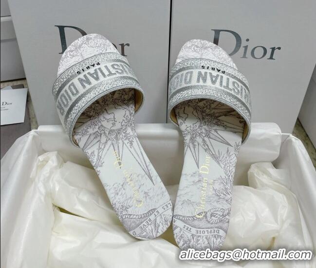 Sophisticated Dior Dway Flat Slides in White and Grey Cotton with Reve d'Infini Embroidery 022302