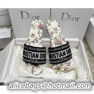 Stylish Dior Dway Flat Slides in White Multicolor Embroidered Cotton with Dior Jardin Botanique Motif 022309