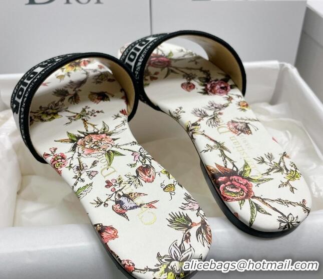 Stylish Dior Dway Flat Slides in White Multicolor Embroidered Cotton with Dior Jardin Botanique Motif 022309