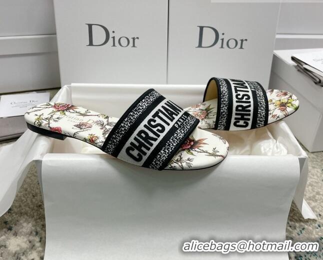 Stylish Dior Dway Flat Slides in White Multicolor Embroidered Cotton with Dior Jardin Botanique Motif 022309