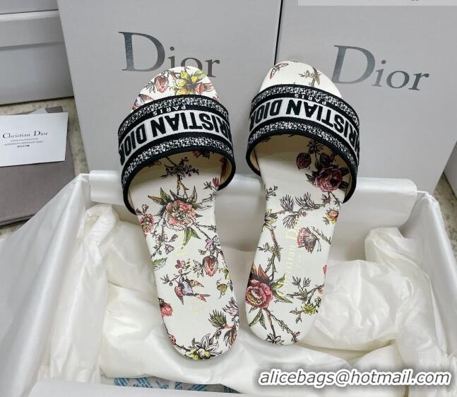 Stylish Dior Dway Flat Slides in White Multicolor Embroidered Cotton with Dior Jardin Botanique Motif 022309