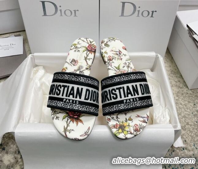 Stylish Dior Dway Flat Slides in White Multicolor Embroidered Cotton with Dior Jardin Botanique Motif 022309