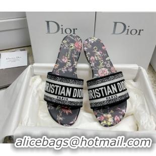 Good Quality Dior Dway Flat Slides in Black Multicolor Embroidered Cotton with Dior Jardin Botanique Motif 022310