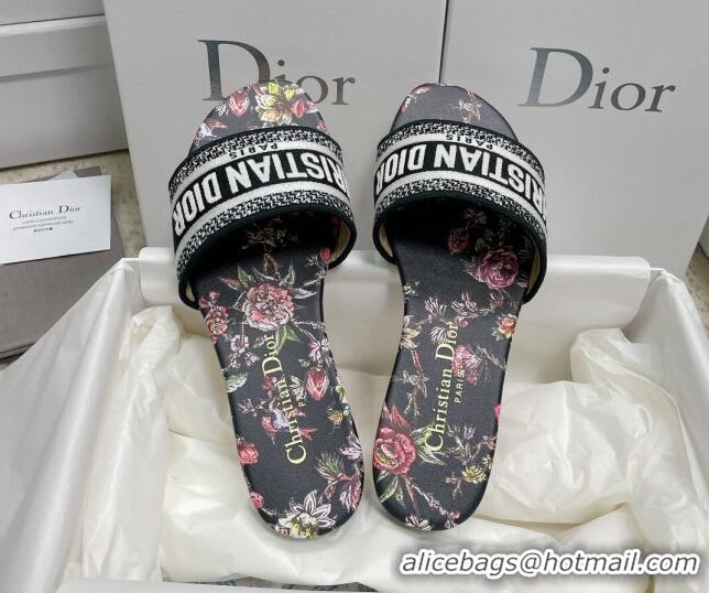 Good Quality Dior Dway Flat Slides in Black Multicolor Embroidered Cotton with Dior Jardin Botanique Motif 022310