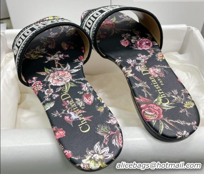 Good Quality Dior Dway Flat Slides in Black Multicolor Embroidered Cotton with Dior Jardin Botanique Motif 022310