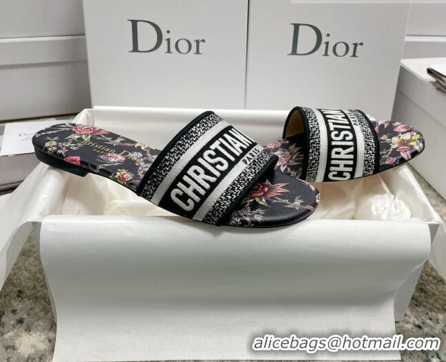 Good Quality Dior Dway Flat Slides in Black Multicolor Embroidered Cotton with Dior Jardin Botanique Motif 022310