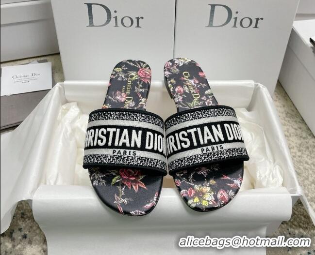 Good Quality Dior Dway Flat Slides in Black Multicolor Embroidered Cotton with Dior Jardin Botanique Motif 022310