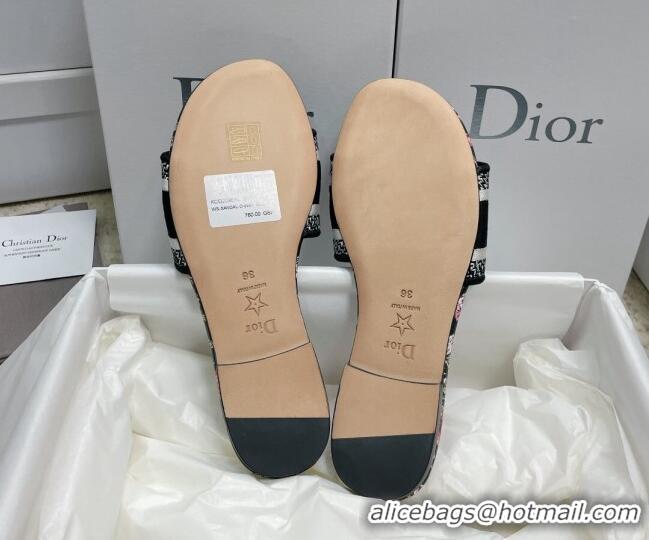 Good Quality Dior Dway Flat Slides in Black Multicolor Embroidered Cotton with Dior Jardin Botanique Motif 022310