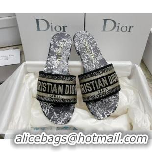 Duplicate Dior Dway Flat Slides in Black Cotton Embroidered with Dior Jardin d'Hiver Motif 022303