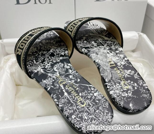 Duplicate Dior Dway Flat Slides in Black Cotton Embroidered with Dior Jardin d'Hiver Motif 022303