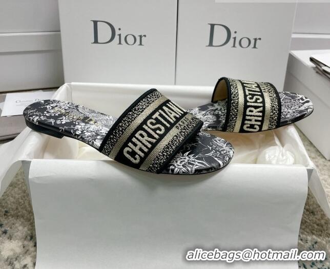 Duplicate Dior Dway Flat Slides in Black Cotton Embroidered with Dior Jardin d'Hiver Motif 022303