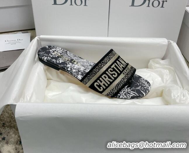 Duplicate Dior Dway Flat Slides in Black Cotton Embroidered with Dior Jardin d'Hiver Motif 022303