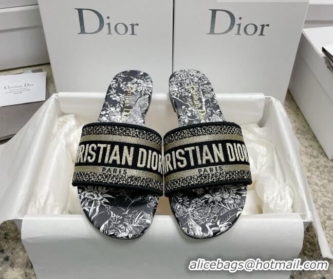 Duplicate Dior Dway Flat Slides in Black Cotton Embroidered with Dior Jardin d'Hiver Motif 022303