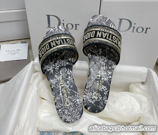 Duplicate Dior Dway Flat Slides in Black Cotton Embroidered with Dior Jardin d'Hiver Motif 022303