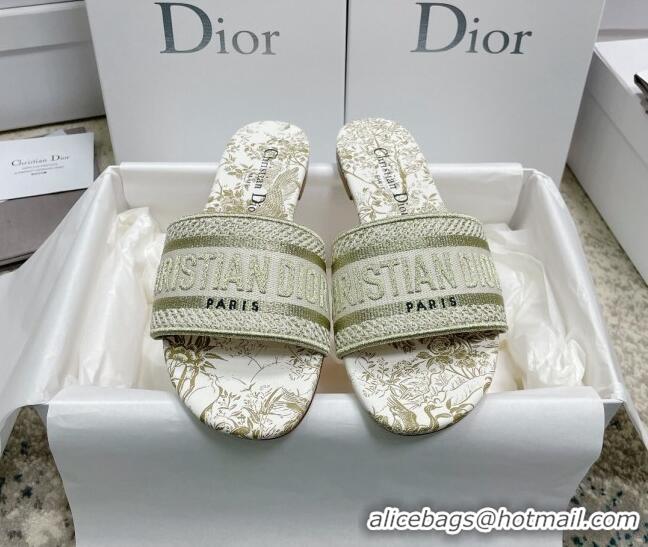 Hot Style Dior Dway Flat Slides in Gold Cotton Embroidered with Dior Jardin d'Hiver Motif 022304