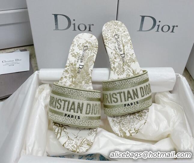 Hot Style Dior Dway Flat Slides in Gold Cotton Embroidered with Dior Jardin d'Hiver Motif 022304