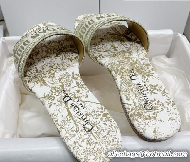 Hot Style Dior Dway Flat Slides in Gold Cotton Embroidered with Dior Jardin d'Hiver Motif 022304