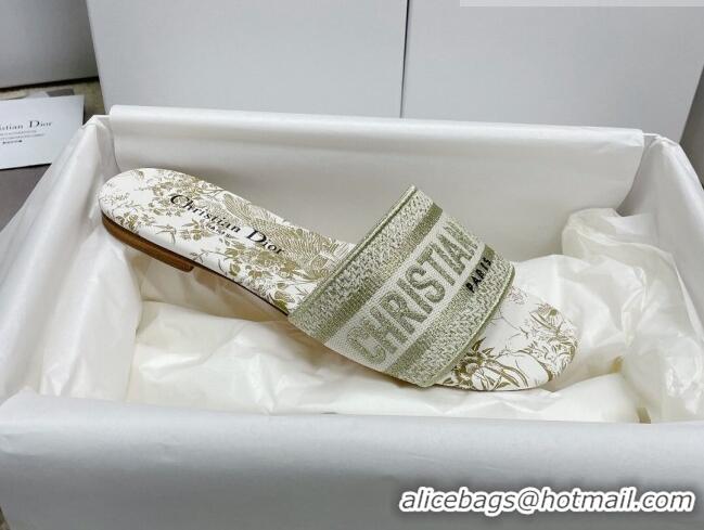 Hot Style Dior Dway Flat Slides in Gold Cotton Embroidered with Dior Jardin d'Hiver Motif 022304